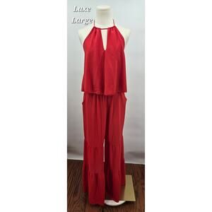 Luxe Geranium Textured Draped Keyhole Halter Jumpsuit